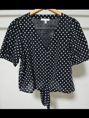 Pale Sky Black Polka Dot Tie-Front V-Neck Blouse